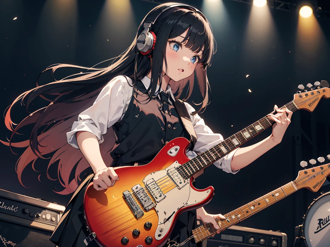 ((masterpiece,best quality)),1girl, solo, black skirt, blue eyes, electric guitar, guitar, headphones, holding, holding plectrum, instrument, (long straight hairs:1.5), music, one side up, black hair, playing guiter, pleated skirt ,(adult),(bangs:1.5),(straight on:1.5),performance costumes, rock music, on stage, plump body