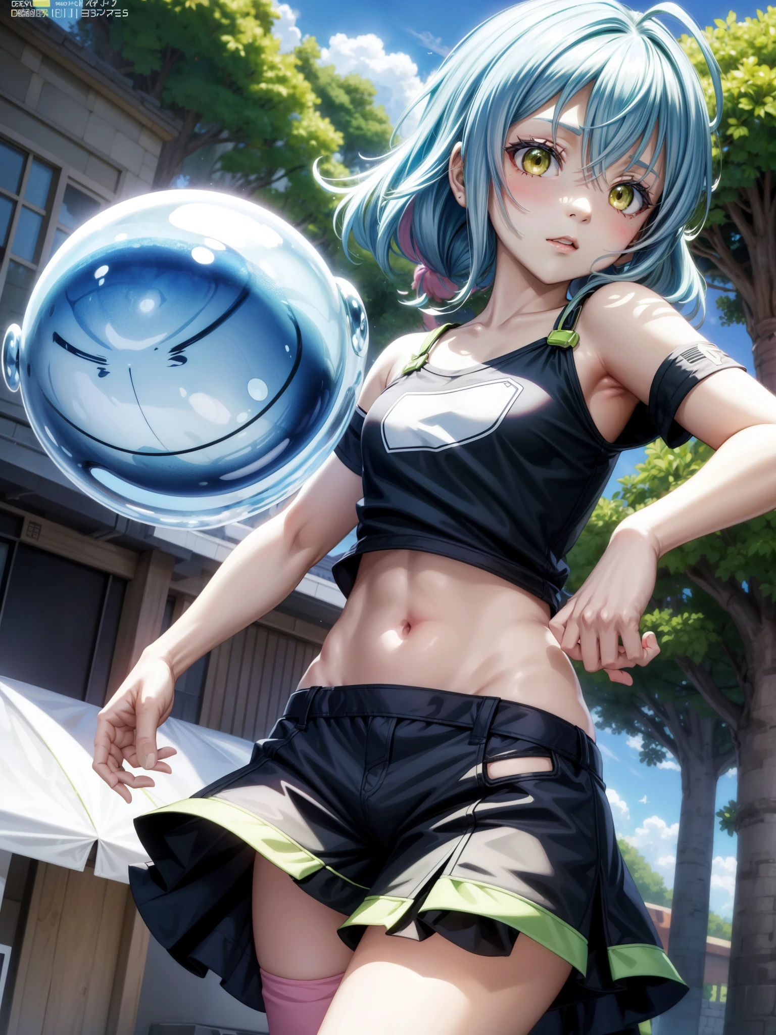 score_9、score_8_up、score_7_up、score_6_up、source_anime、alphonsestyle、Line art、Mei Sunohara、Green striped shoulder t-shirt、Pink shorts、