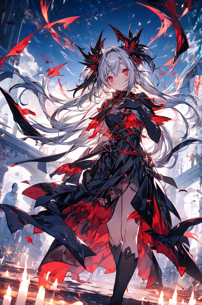 Anime Vampire Girl, tooth, Black wings, Bright Red Eyes, hair ornaments, (highest quality), (Superior Quality), (dark), despair, Death in the Valley of the Shadows, born,Award-winning, landscape,