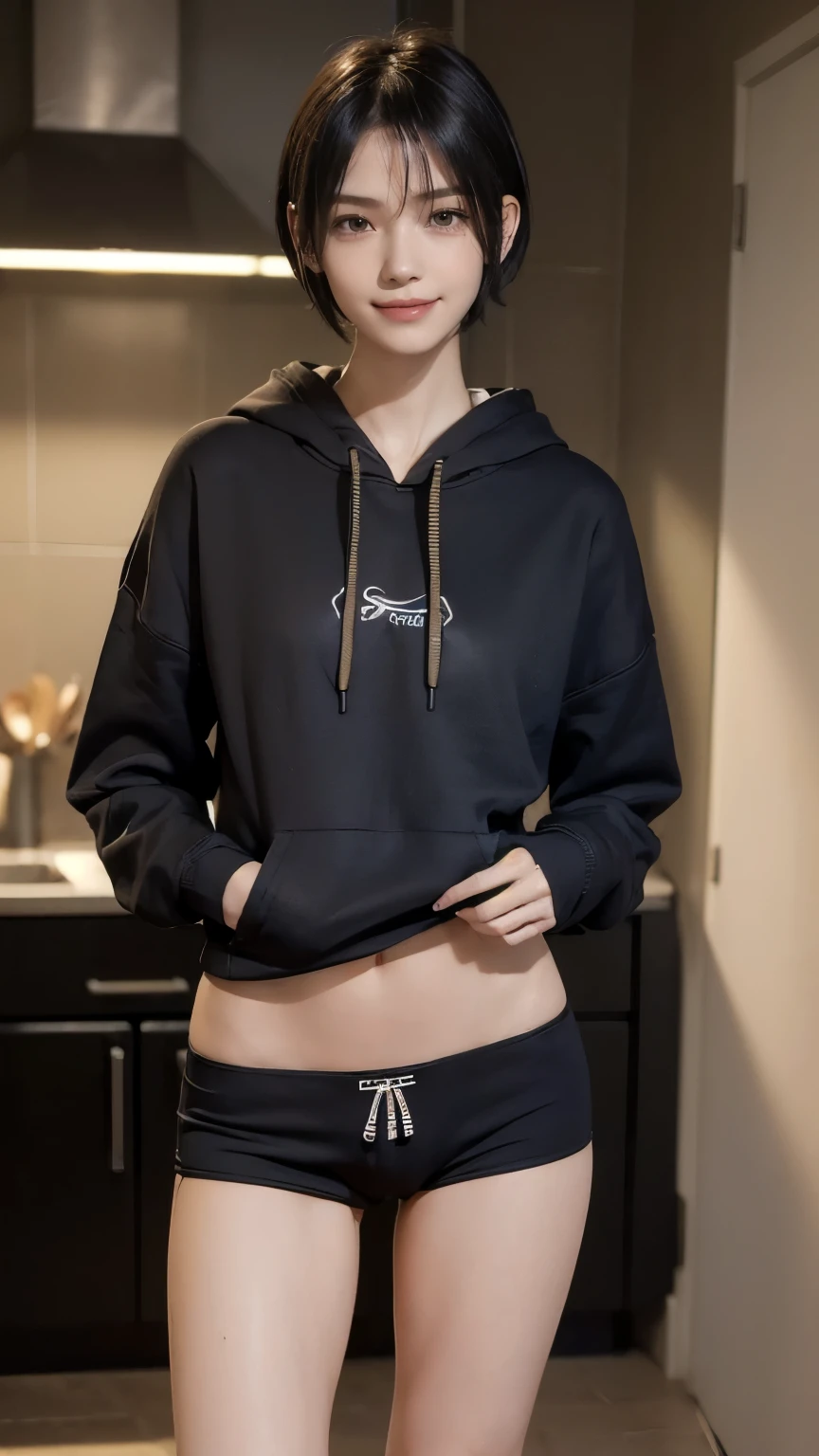 (Clothing:2.0, knit hoodie:1.8, boxer shorts:1.8), (Wet:1.2), ((A grin:1.2, Short Hair:1.2, slender:1.5, Small Ass:1.5)), (Kitchen room:1.5), ((Japanese, 1 Girl, 18-year-old, 7 heads, Ideal body proportions, Black Hair, With bangs, Small breasts, Erect nipples, slender, Small Ass, Beautiful feet, Skinny Legs)), Surrealism, Cinematic Lighting, Depth of written boundary, First Person View, F/1.8, 135mm, Ticker, Mastepiece, Curate, ((Anatomically correct:1.3)), Textured skin, Super Detail, High detail, High quality, Awards, Best Quality, High resolution, 8K
