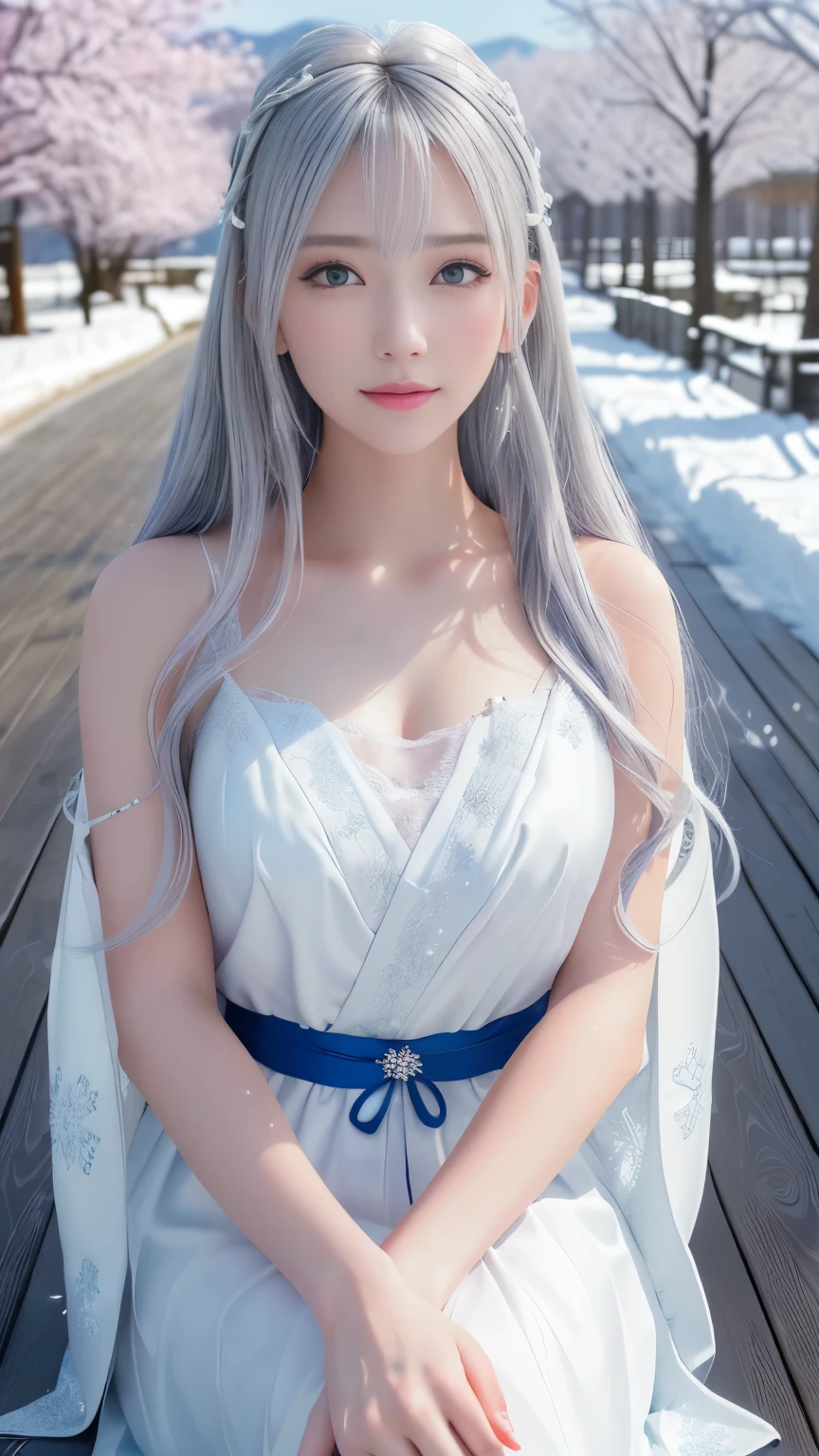 Long white hair, blue eyes, serious features, white skin, loose style, in a garden,in the Sakura Korea ,Korean Palace