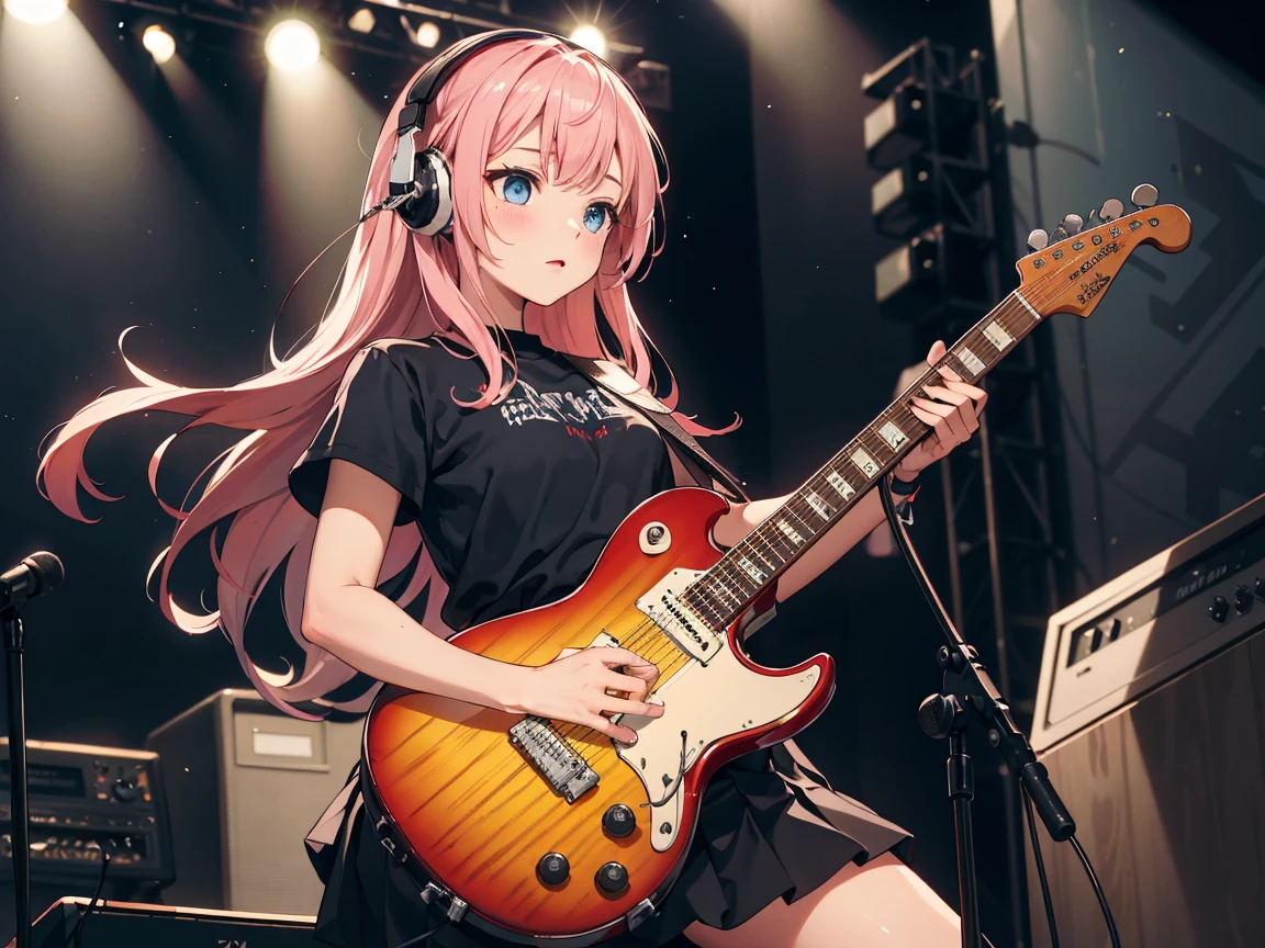 ((masterpiece,best quality)),1girl, solo, black skirt, blue eyes, electric guitar, guitar, headphones, holding, holding plectrum, instrument, long hairs, music, one side up, playing guiter, pleated skirt, , indoors ,(adult),[crossed bangs, messy hair,pink hair],(straight on:1.5), performance costumes, rock music, on stage,, plump body 
