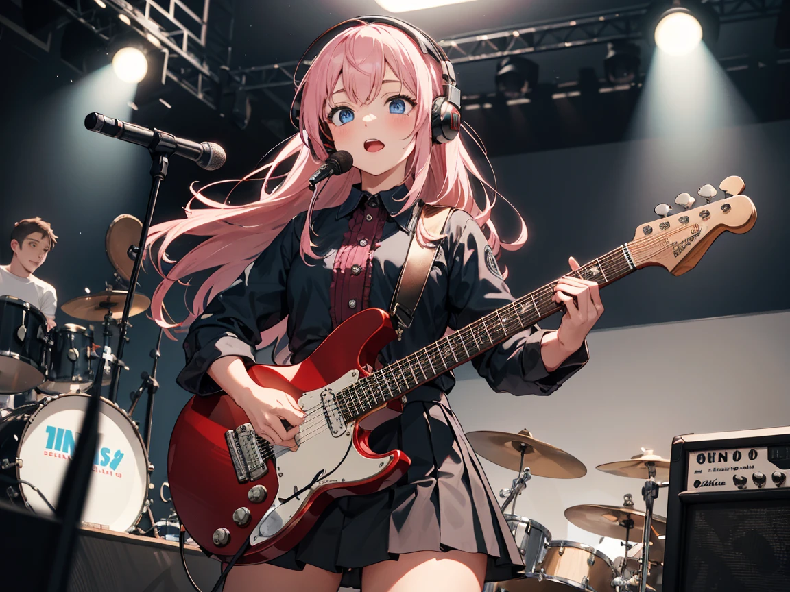 ((masterpiece,best quality)),1girl, solo, black skirt, blue eyes, electric guitar, guitar, headphones, holding, holding plectrum, instrument, long hairs, music, one side up, playing guiter, pleated skirt, , indoors ,(adult),[crossed bangs, messy hair,pink hair],(straight on:1.5), performance costumes, rock music, on stage,, plump body 
