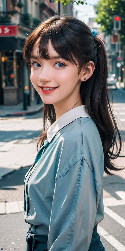 (masterpiece, best quality:1.5), full body the side and front of an goth punk european girl with brown hair,nice smile, sharp facial features, tunnels in the ears, earplugs, short hairstyle with a hairpin, a hairpin on the bangs,bright blue eyes color,bright shining white skin, sharp chin, face." 20years old on the street,(photorealistic), best quality, realistic, real picture, intricate details, depth of field, highly-detailed, perfect face, lips, Fujifilm XT3, RAW photo, 8k, crisp, sharp, sunny day