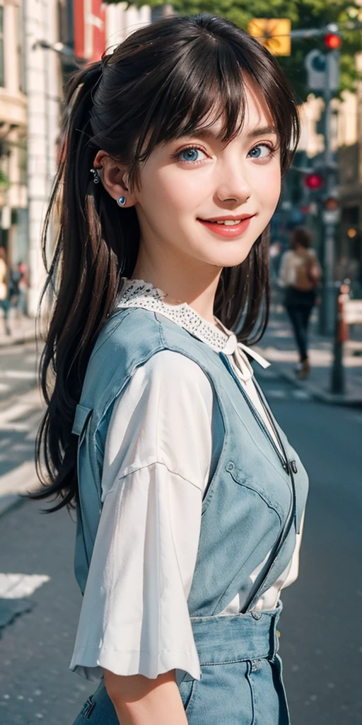 (masterpiece, best quality:1.5), full body the side and front of an goth punk european girl with brown hair,nice smile, sharp facial features, tunnels in the ears, earplugs, short hairstyle with a hairpin, a hairpin on the bangs,bright blue eyes color,bright shining white skin, sharp chin, face." 20years old on the street,(photorealistic), best quality, realistic, real picture, intricate details, depth of field, highly-detailed, perfect face, lips, Fujifilm XT3, RAW photo, 8k, crisp, sharp, sunny day