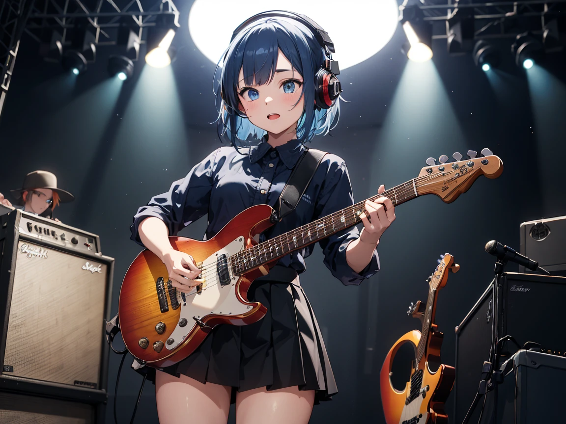 ((masterpiece,best quality)),1girl, solo, black skirt, blue eyes, electric guitar, guitar, headphones, holding, holding plectrum, instrument, short hairs, music, one side up, playing guiter, pleated skirt, , indoors ,(adult),[parted bangs,forehead,messy hair,blue hair],(straight on:1.5), performance costumes, rock music, on stage,, plump body 
