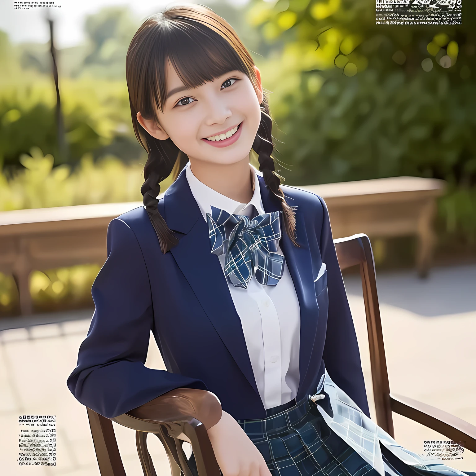 (highest quality, masterpiece:1.2), highest quality, Realistic, photograph, High resolution, 1080p, 8K, Physical Rendering, ((Height: 155cm)), ((((((A 13 year old beautiful Japanese fashion magazine's fashion model is looking straightly at the viewer)))))), (((big very detailed beautiful dark brown eyes))), ((((laughing at me!)))), detailed fingers, (((curled blunt bangs))), ((((Very noble and cute eyes, carefully drawn with great attention to detail)))), ((double eyelids)), (((long eyelashes))), ((cute lovely lovely laughing laughing cheeks)), ((The pure white light hits my nose and cheeks. Her eyes and white facial skin shine beautifully white.)), (((((Her facial features are very expressive noble smile, very sweet, very very intelligent))))), ((((impressive plain navy large school ribbon bow tie in plain)))), ((((black very beautiful and very long braids hair)))), (((blue and navy colored tartan checkered formal long pleated skirt))), ((((A formal dark blue blazer in solid that is slightly oversized and with a golden emblem)))), ((As elegant as a noble princess)), ((Seated on a chair of platform at a rural railway station)), ((Shooting the whole body with impressive noble skirt from the side))