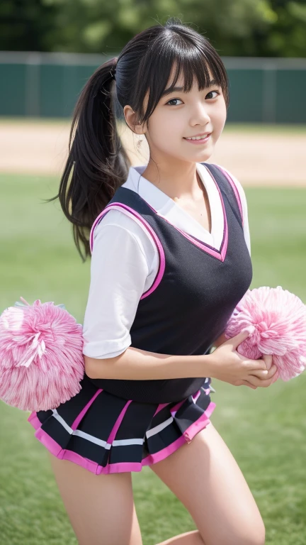 ((((whole body:1.3),1 girl, alone, Japanese Girls, Junior high school girl、, (highest quality, Realistic, High resolution, 8k, Very detailed, Detailed face, Shiny skin), Black Hair, ragged bangs, ponytail,smile,(whole bodyショット),Cheerleader uniform,Pink sneakers,Are standing,Baseball Stand,The face is looking at the viewer,Perfect hands,Perfect legs,I have a pom-pom,A dynamic pose