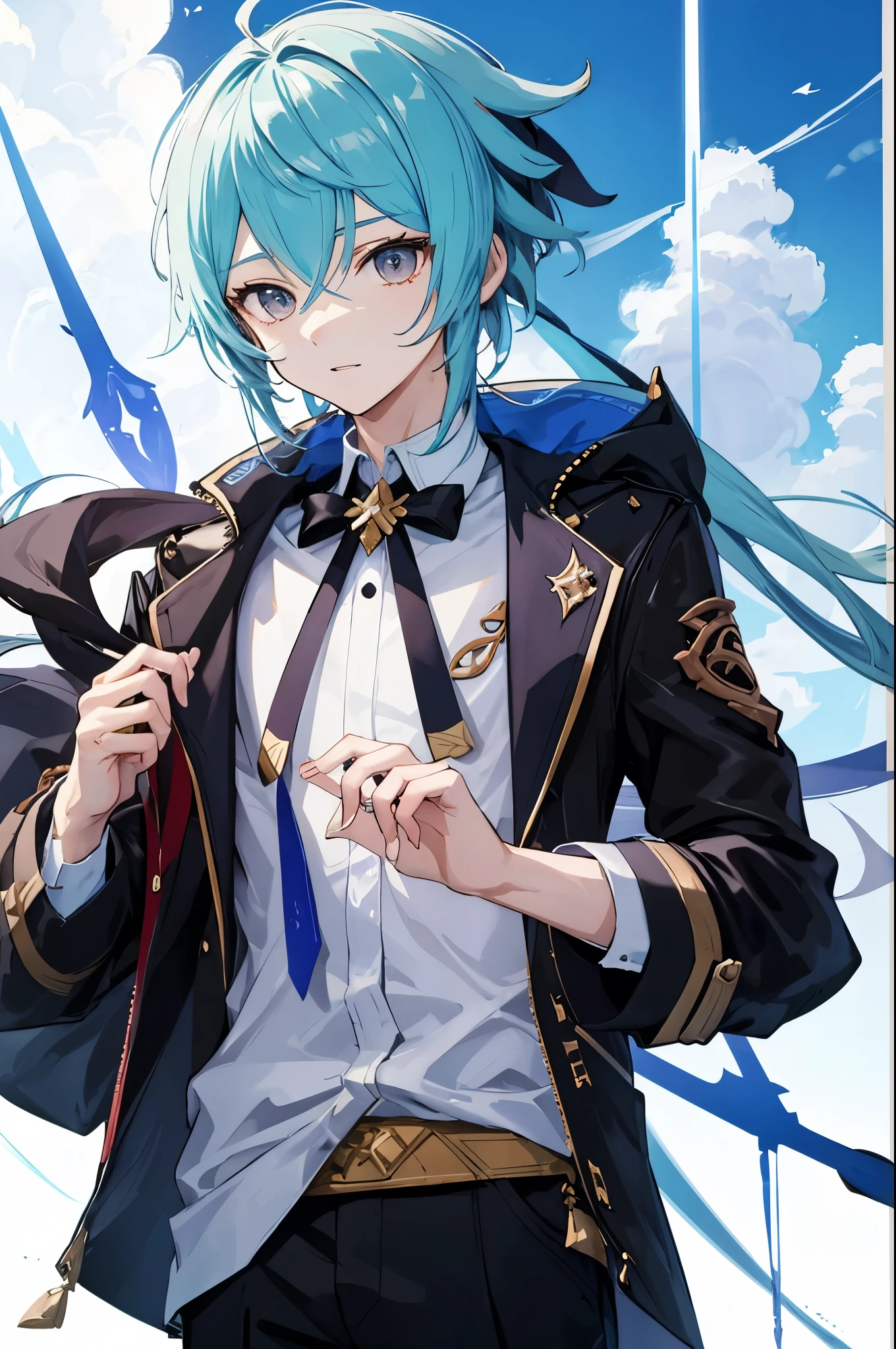 1 boy, ,Jacket, cute, Genshin Impact'Influence, anime,Blue Hair, White skin, Grey Eyes,School corridor, Glasses