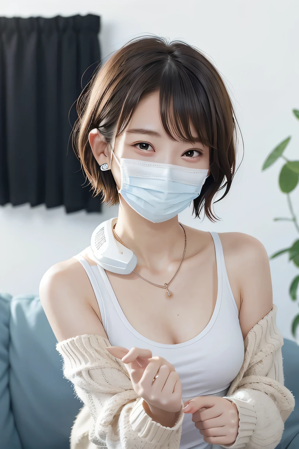 205 ((short hair)), 20-year-old female, In underwear、Put a cardigan over your shoulders、 A refreshing smile、Mask on mouth、Black Hair、ear piercing、Necklace around the neck、