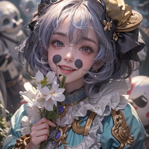 Standing in the grave、Hair flow、 ((highest quality、masterpiece、8k、Best image quality、Ultra-high resolution、Award-winning works)、(Accurate anatomy:1.1)、(Look at me and smile:1.1)、Shining fair skin with Ultra-high resolution、The most detailed face、Ultra-high resolution detailed face、Ultra-high resolutionの髪の毛、(Ultra-high resolution eye:1.1)、Beautiful face drawn in every detail、Cheerful clown costume, Chest to chest, Strange atmosphere, Ghosts flow, Dark Light, At the cemetery, Heavy makeup