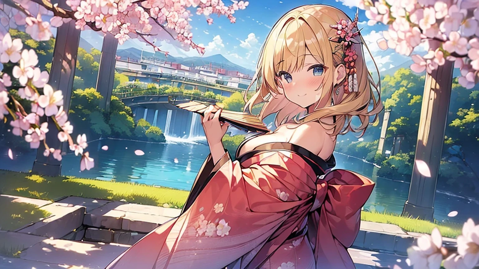(Masterpiece, Top quality: 1.5), from side , dynamic pose, 1 beautiful girl, solo, blond hair, (kimono :1.3), off shoulder, medium hair, wave hair, (junior high school student:1.2), cleavage, medium breasts, standard weight, (blush:1.2), smile, Beautiful scene of cherry blossom trees, magnificent panorama view, SakuraFubuki