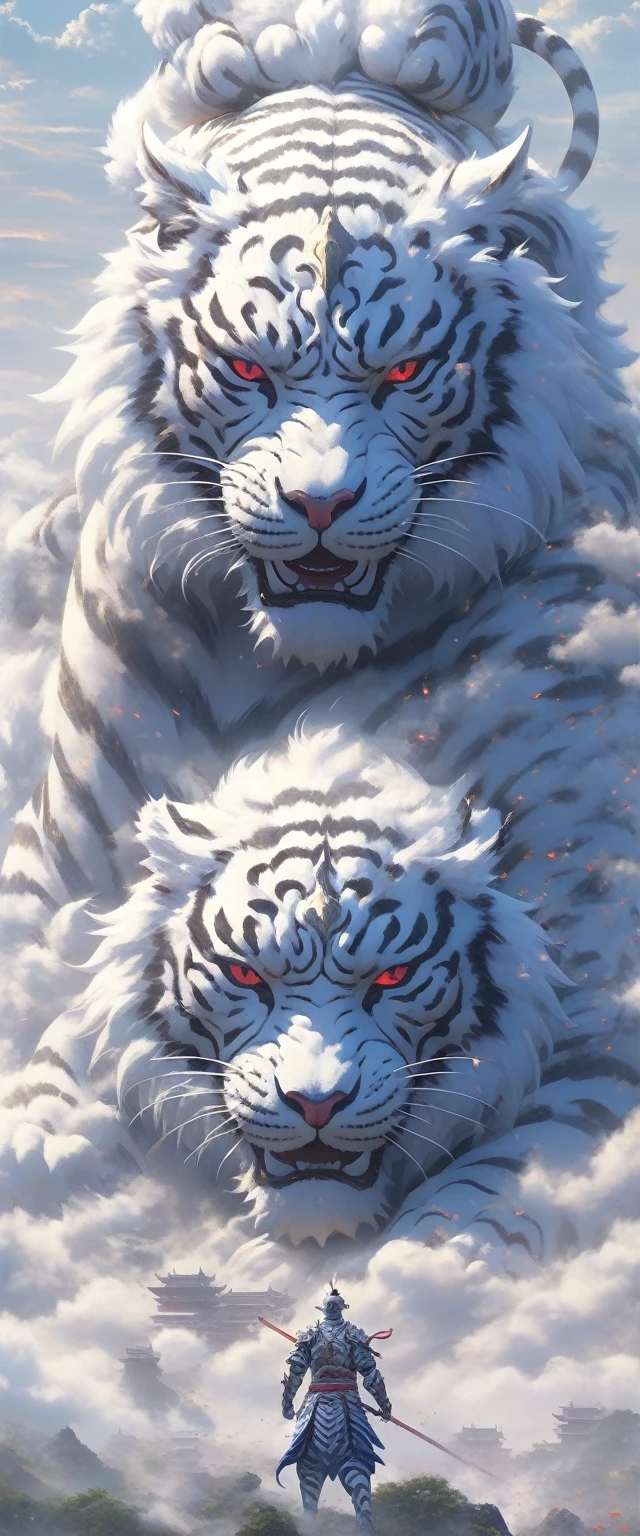 ultra realistic art,BJ_Sacred_beast, Red eyes, Outdoor activities, horn, Skysky, teeth, daysies, clouds, mostly cloudy sky, scenecy, smog, mont, the white tiger, 1 man, Wearing ancient Chinese armor,Chinese_armor,Alone,Standing in front of the white tiger,with his back to the viewer,light,strong contrasts,High level of detail,Best quality at best,tmasterpiece, Extremely high resolution detail, Photographic, Realism taken to extremes, fine texture, Extremely realistic