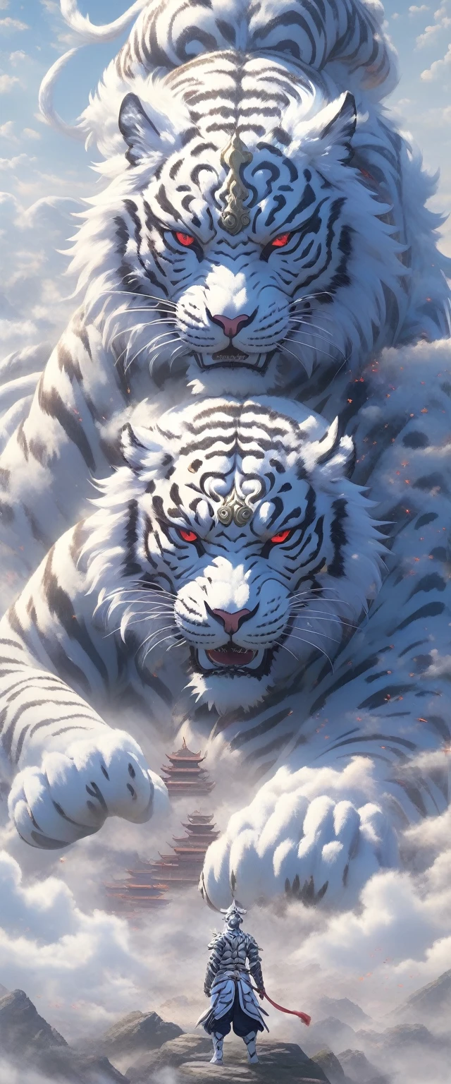 ultra realistic art，BJ_Sacred_beast, Red eyes, Outdoor activities, horn, Skysky, teeth, daysies, ​​clouds, mostly cloudy sky, scenecy, smog, mont, the white tiger, 1 man, Wearing ancient Chinese armor，Chinese_armor，Alone，Standing in front of the white tiger，with his back to the viewer，light,strong contrasts,High level of detail,Best quality at best,tmasterpiece, Extremely high resolution detail, Photographic, Realism taken to extremes, fine texture, Extremely realistic