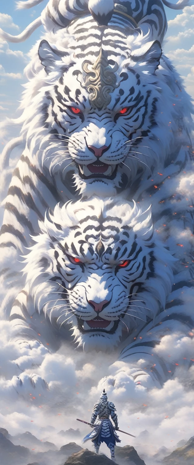 ultra realistic art,BJ_Sacred_beast, Red eyes, Outdoor activities, horn, Skysky, teeth, daysies, clouds, mostly cloudy sky, scenecy, smog, mont, the white tiger, 1 man, Wearing ancient Chinese armor,Chinese_armor,Alone,Standing in front of the white tiger,with his back to the viewer,light,strong contrasts,High level of detail,Best quality at best,tmasterpiece, Extremely high resolution detail, Photographic, Realism taken to extremes, fine texture, Extremely realistic
