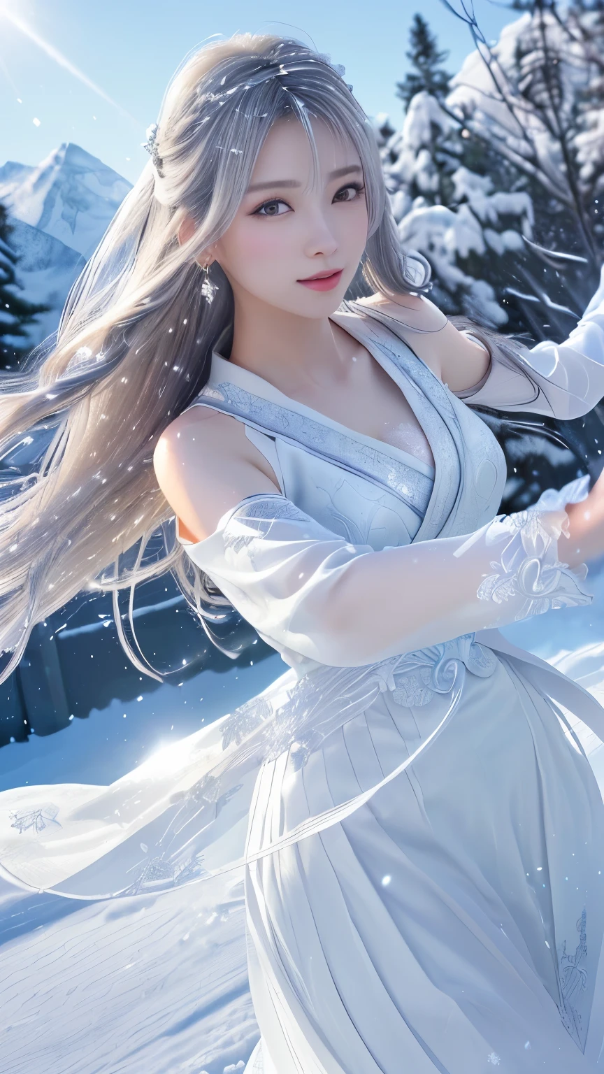 Emilia re:zero, purple eyes, Emilia, crown braid, x hair ornament, flower hair ornament, white hair, long hair, medium breasts, (logo, masterpiece, 8k, table top, RAW photo, wonderful, 最high quality, Photorealistic and hvery detailed CG integrated 8k wallpaper, high quality, very detailed, Narrative poem, particle effects, dynamic effects, written boundary depth, cinematic light, Lens flare, ray tracing)), fantasy, ((1 beautiful woman, Silver long hair, beautiful face, real face, beautiful detailed eyes, beautiful skin, woman dancing gracefully:1.7, woman dancing gracefully:1.7)), long hairがWindでなびく, long hairが跳ねる, long hairがWindで踊る, hair jump, jewelry, tattoo, Hanfu, chinese fairy, taoist uniform, silver earrings, ((night, Wind, darkness, full moon, Night Sky, Snow and hoarfrost, very cold winter day, snow-capped mountainや森, hoarfrost, snow-capped mountain々, The beauty and brilliance of frost-covered trees, The tranquility and beauty of a world of ice and snow)), hip up, beautiful eyes, long hair, ring-shaped eyes