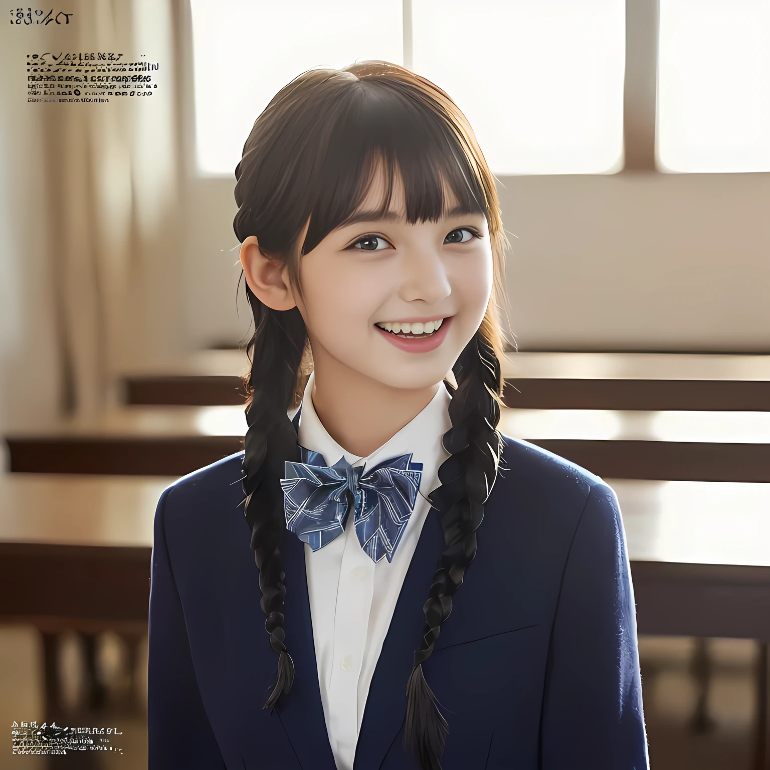 (highest quality, masterpiece:1.2), highest quality, Realistic, photograph, High resolution, 1080p, 8K, Physical Rendering, ((Height: 155cm)), ((((((A beautiful Japanese fashion magazine's fashion model is looking straightly at the viewer)))))), (((big very detailed beautiful dark brown eyes))), ((((laughing at me!)))), detailed fingers, (((curled blunt bangs))), ((((Very noble and cute eyes, carefully drawn with great attention to detail)))), ((double eyelids)), (((long eyelashes))), ((cute lovely lovely laughing laughing cheeks)), ((The pure white light hits my nose and cheeks. Her eyes and white facial skin shine beautifully white.)), (((((Her facial features are very expressive noble smile, very sweet, very very intelligent))))), ((((impressive plain navy large school ribbon bow tie in plain)))), ((((black very beautiful and very long braids hair)))), (((blue and navy colored tartan checkered formal long pleated skirt))), ((((A formal dark blue blazer in solid that is slightly oversized and with a golden emblem)))), ((As elegant as a noble princess)), ((Dancing in a class room)), ((Shooting the whole body with impressive noble skirt from the side))