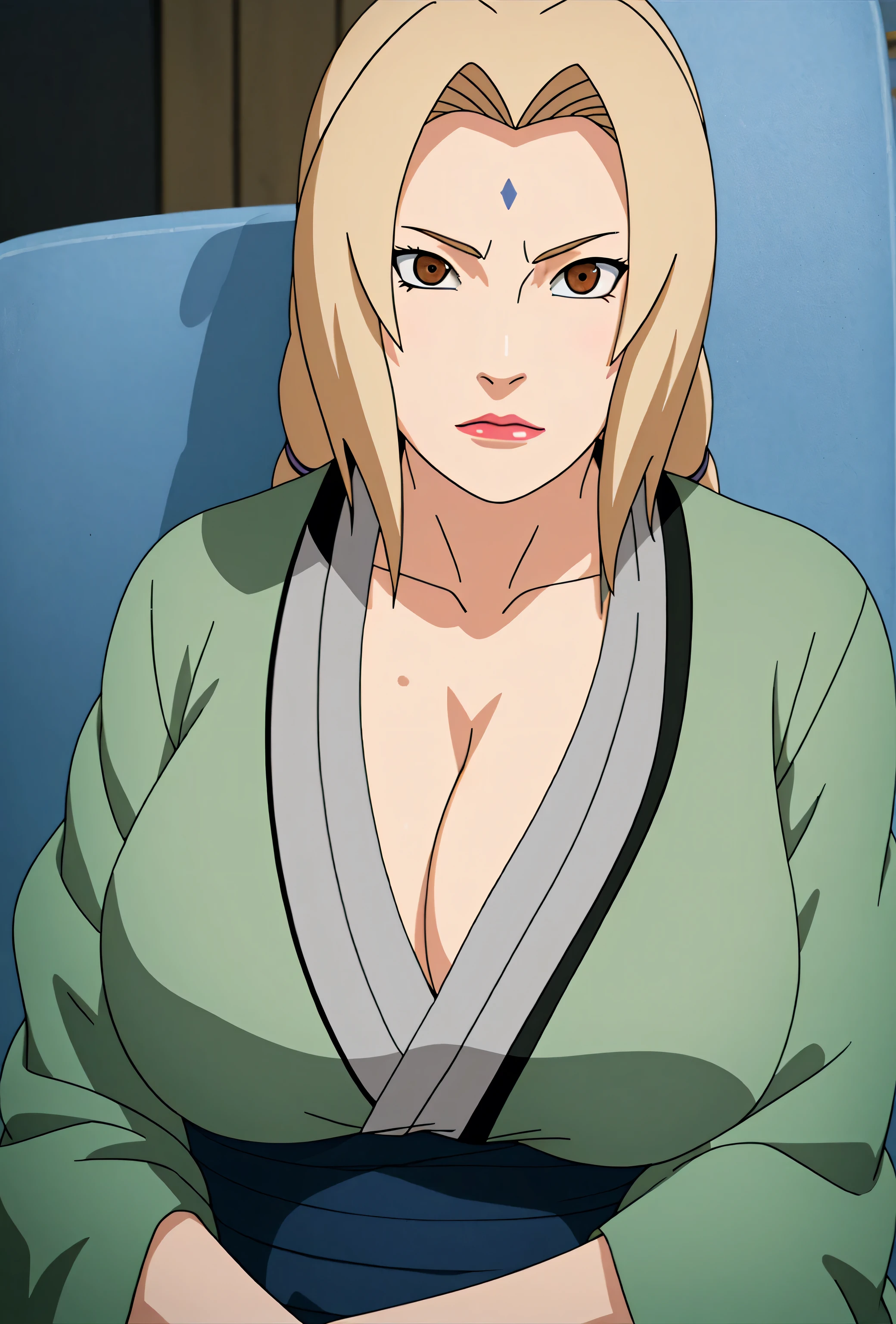 masterpiece, best quality, ultra-detailed, 1girl, upper body, long hair, blonde hair, french braid, brown eyes, blunt bangs, kimono, exposed cleavage, huge breasts, seductive face, looking at viewer, hot, Tsunade \(shippuden\)