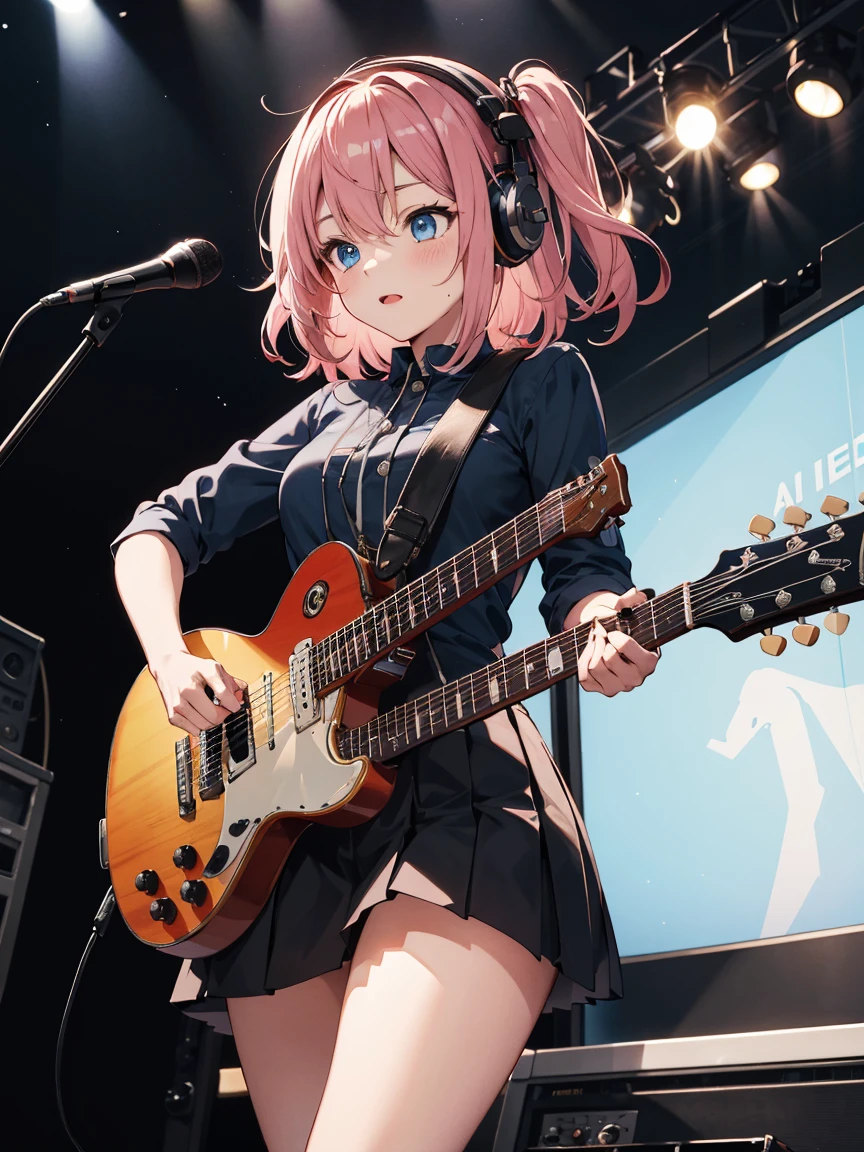 ((masterpiece,best quality)),1girl, solo, black skirt, blue eyes, electric guitar, guitar, headphones, holding, holding plectrum, instrument, long hairs, music, one side up, playing guiter, pleated skirt, , indoors ,(adult),[crossed bangs, messy hair,pink hair],(straight on:1.5), performance costumes, rock music, on stage,, plump body 
