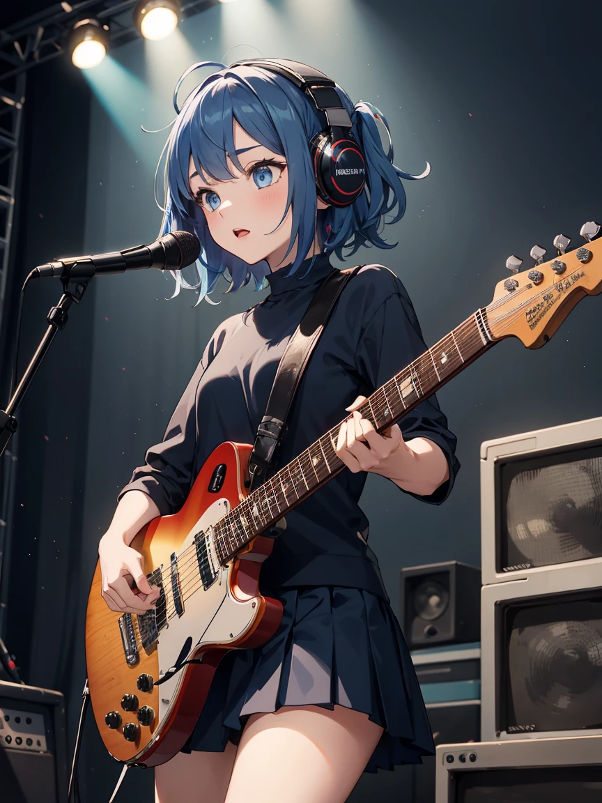 ((masterpiece,best quality)),1girl, solo, black skirt, blue eyes, electric guitar, guitar, headphones, holding, holding plectrum, instrument, short hairs, music, one side up, playing guiter, pleated skirt, , indoors ,(adult),[parted bangs,forehead,messy hair,blue hair],(straight on:1.5), performance costumes, rock music, on stage,, plump body 
