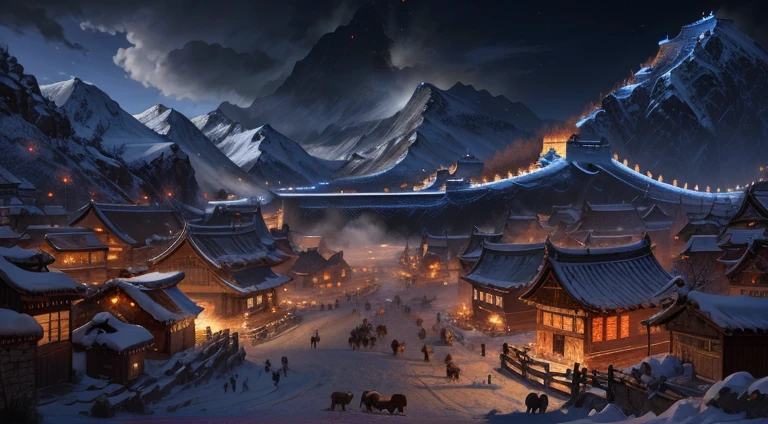 the great wall of china,Snow mountain village at the foot of the Great Wall, Dotteret! Matte painting concept art, Game Art Painting, Illustrations, Winter concept art, dota matte painting concept art, 8k matte painting, 8k matte painting, Sci-fi Mongolian Village, Concept art stunning atmosphere, Tang Dynasty beauty renderings, Concept Art Matte, Luminous matte painting
