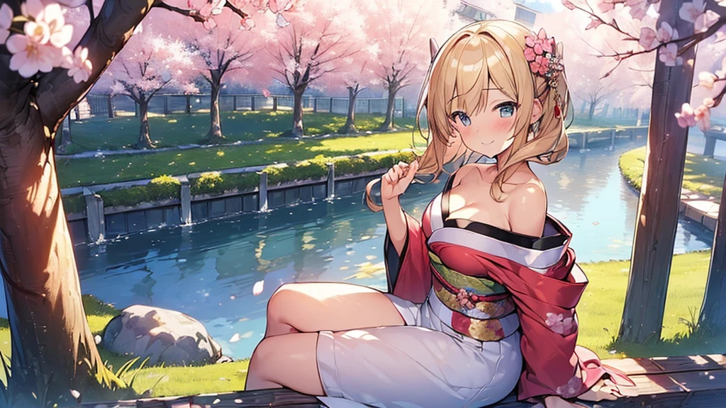 (Masterpiece, Top quality: 1.5), from side ,  dynamic pose, 1 beautiful girl, solo, blond hair,  (kimono :1.3), off shoulder, medium hair, wave hair, (:1.2), cleavage, medium breasts, standard weight, (blush:1.2), smile, Beautiful scene of cherry blossom trees, magnificent panorama view, SakuraFubuki