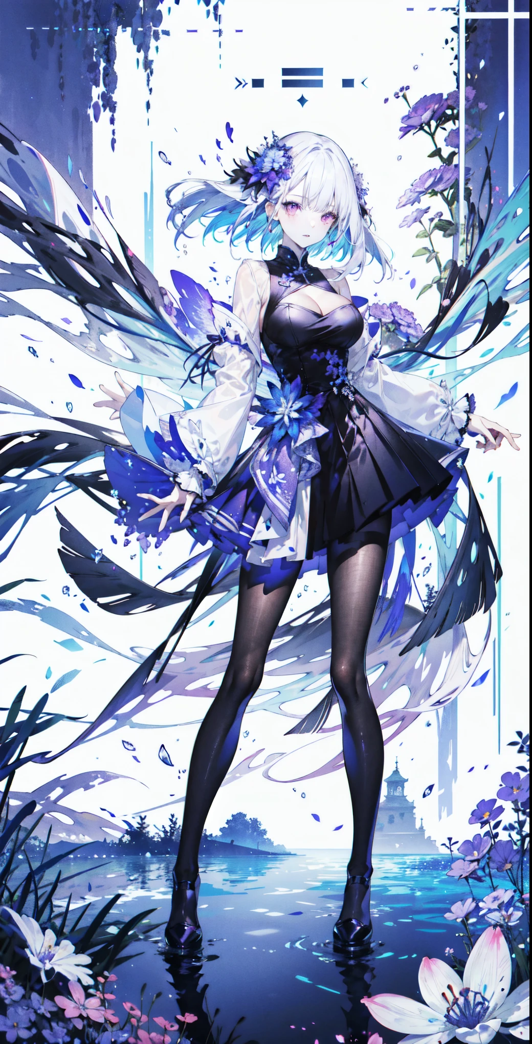 ((masterpiece:1.4,best quality)),(Super detailed),(Extremely detailed eyes),(black leggings,Shiny socks:1.5),Hello Darkness
((Sexy Girl,Large Breasts)),(Blood-red pupils,Diamond-shaped pupil:1.15),Purple Eyeshadow,(elongated hair,Thick hair,shiny hair:1.5)(Changes through:1.2),White skin,tilting its head to the side,kneel
(She wears blue armor,Tight cheongsam,:1.5),Very long plush sleeves,White,White Cloud,Dream bubbles ,Ice and glitter effects
(Black long skirt:1.1),
(dawn:1.2),
(Intense black and white:1.16),(Depth of Field:1.4),,Intricate details,(Sky Castle,Standing by the lake,Purple flowers by the lake)