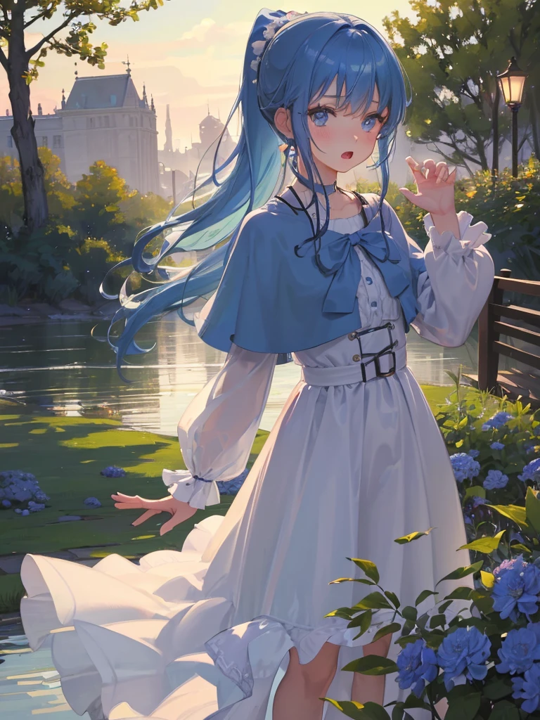 art by Cornflower,(​masterpiece),(top-quality:1.2),((perfect anatomy)),((perfect fingers)),(correct hands:1.2),(1 girl),(flat chest),Highest quality,(blue hair), ponytail hair,blunt bangs,looking at viewer,beautiful detailed blue eyes,blue capelet fashion,cowboy shot,morning mist and tranquility in the park,walking,(flustered),upset,open mouth,film lighting,depth of written boundary,bokeh