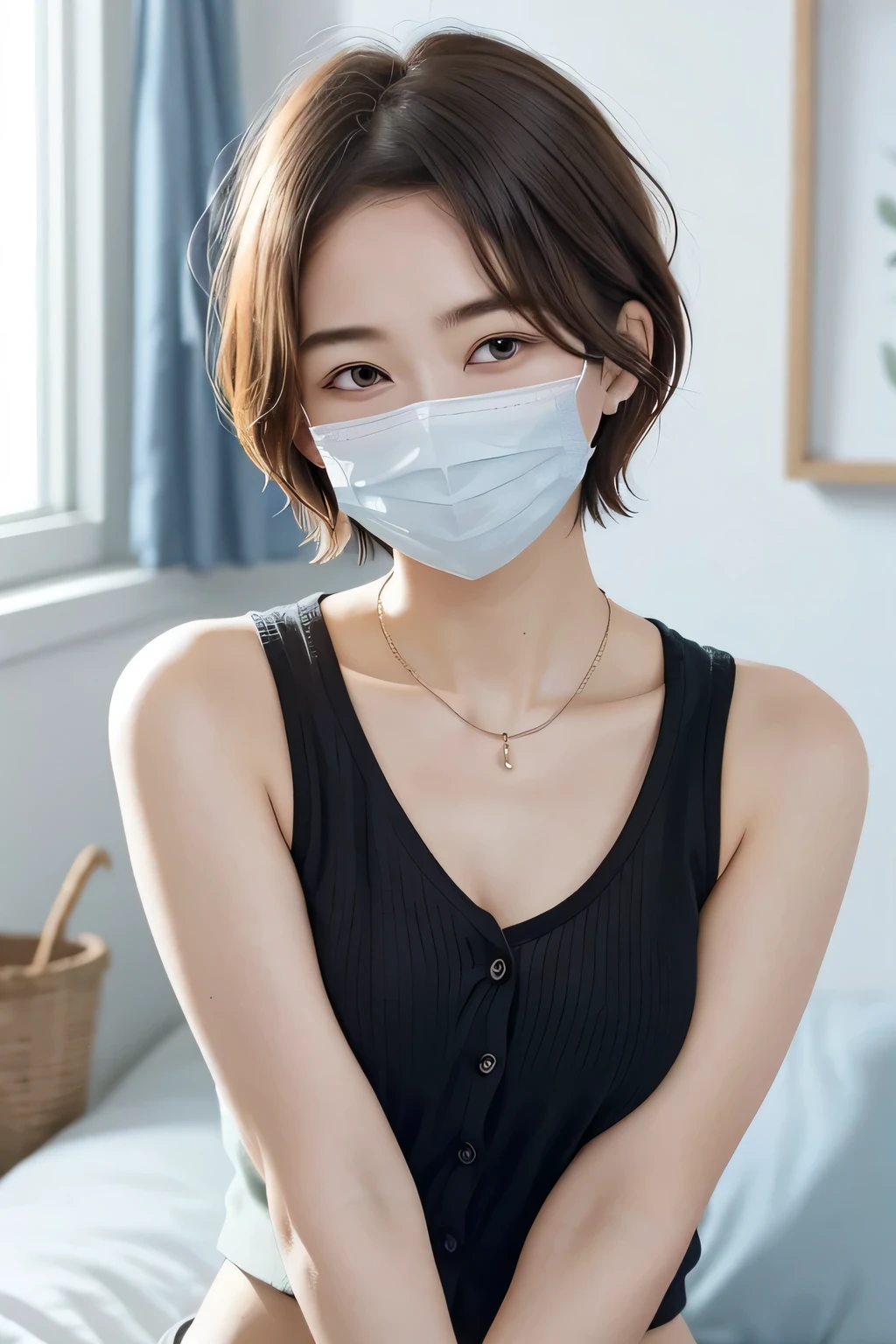 205 ((short hair)), 20-year-old female, In underwear、Put a cardigan over your shoulders、 A refreshing smile、Mask on mouth、Black Hair、ear piercing、Necklace around the neck、