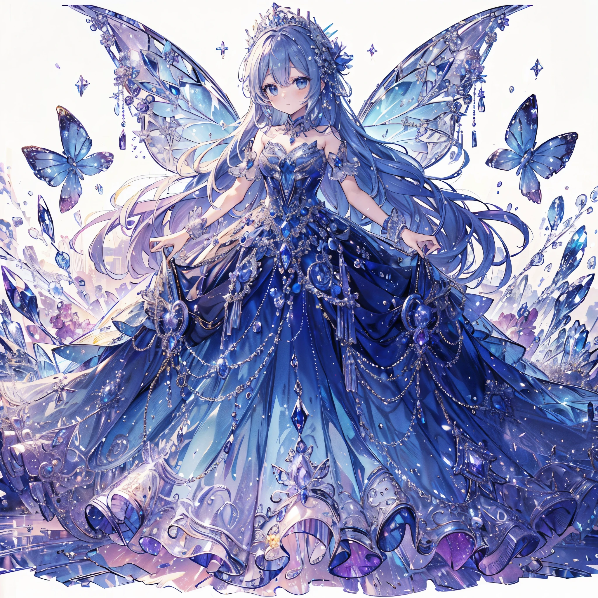 (Exquisite, beautiful, Very detailed, masterpiece, high quality,High resolution),(A full-body illustration of a cutely designed fairy in a beautiful accessory and dress with a deep blue color rich in blue to purple pleochroic richness, drawn with soft, thin lines and tanzanite gemstones and tanzanite accessories in the background,),A beautiful girl with translucent fairy wings is wearing a long princess-line dress with a bright purple draped peplum on the bottom of the corset, decorated with ribbons and tanzanite, a long white pannier underneath, and tanzanite on the corset., Tanzanite tiara, dress shoes, necklace and ring,A lovely, fantastical princess dress inspired by tanzanite.,