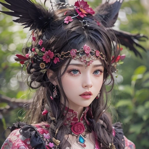 that'that'it's raining, cthaty、Hair flow、 ((highest qualthaty、masterpiece、8k、Best image qualthaty、Ultra-high resolution、Award-winning works)、(Accurate anatomy:1.1)、(Look at me and smile:1.1)、Shining fair skin wthath Ultra-high resolution、The most detailed face、Ultra-high resolution detailed face、Ultra-high resolutionの髪の毛、(Ultra-high resolutionの煌めく瞳:1.1)、Beautiful face drawn in every detail、ancient gothic costume , Chest to chest, tattoo, There'There is a real crow next to him.
