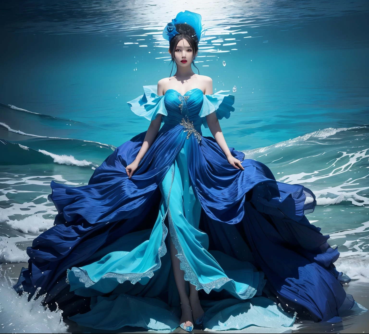 Alafid woman in blue dress standing on the beach, wearing a Clothes made of water, closeup fantasy with water magic, Queen of the Sea Mu Yanling, Clothes made of water, A true queen of the sea, Asian female water element, Ocean Goddess, Blue Swirl Dress, Natalie Shaw, Water daffodil, Ocean Goddess，Water-like clothing fabric