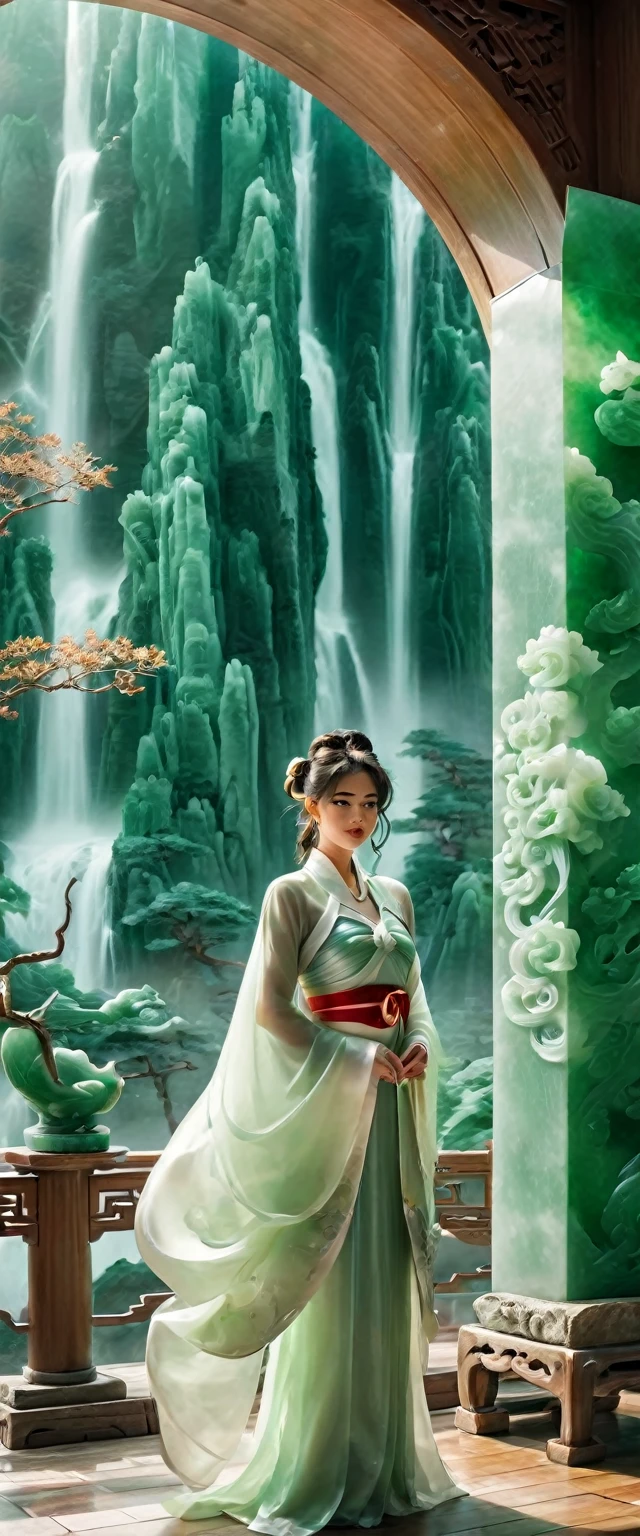 Photography of a lady standing before a massive jade screen adorned with a landscape carving, showcasing intricate details of mountains, rivers, and nature. The lady, exuding elegance and grace, is framed by the grandeur of the jade screen, which serves as a majestic backdrop that enhances the scene's visual appeal and cultural significance. The contrast between the lady's presence and the elaborate jade artwork creates a striking composition that highlights the beauty of both the natural and artistic elements in the photograph,bishoujo_senshi_sailor_moon, realistic, jade leggings, solo,jade hair,ruby,Anatomically correct, white jade skin ,jade suits,smile,beautiful,camel toe,background is A jade sculpture depicting a serene landscape