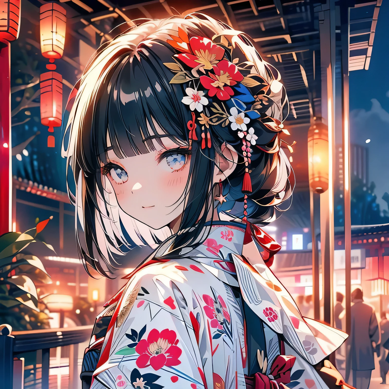 ((sexy cute mini kimono and elegant beautiful white laced panties)),
♥(Japanese beautiful flower printed kimono,yukata),((1girl,cute,young,semi long beautiful black hair,blunt bangs,twin tales,beautiful eyes)),(solo),((masterpiece, highest resolution,best quality)), (beautiful illustration),(Japanese beautiful flower printed kimono,yukata),(looking at the viewer), innocent smile,cinematic lighting,Japanese Festival,stall,fireworks,night sky,full moon,shooting star,