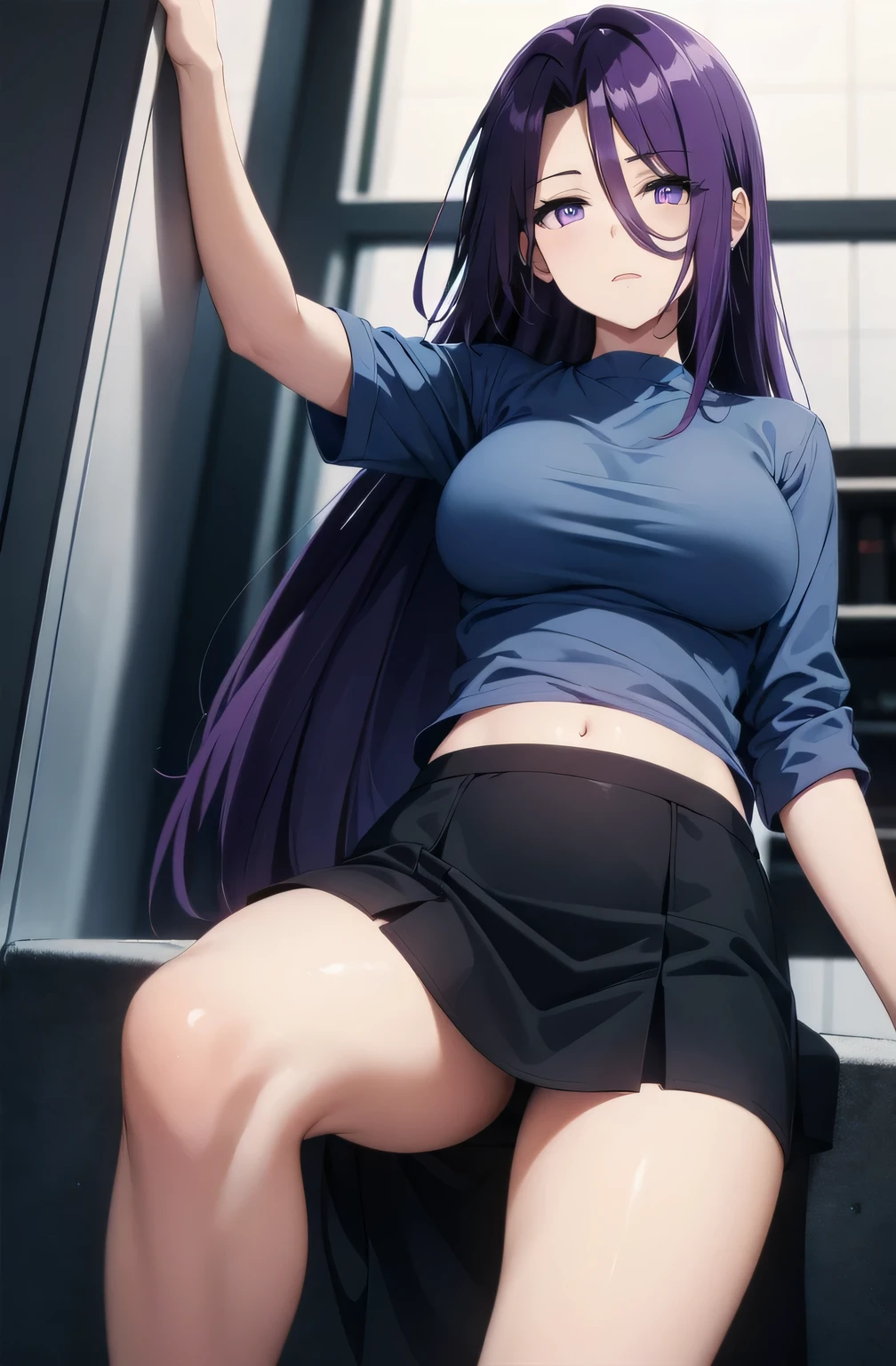 purple hair,purple eyes,((blue shirt,black mini skirt)),
