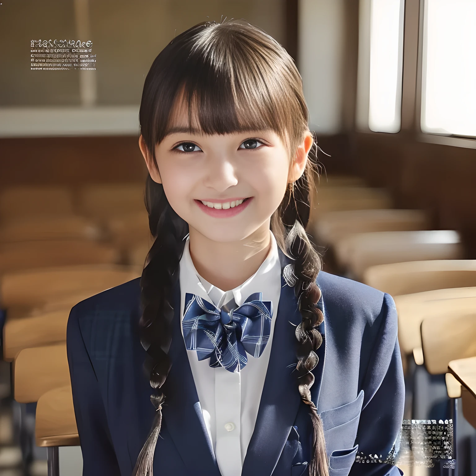 (highest quality, masterpiece:1.2), highest quality, Realistic, photograph, High resolution, 1080p, 8K, Physical Rendering, ((Height: 155cm)), ((((((A 14 year old beautiful Japanese fashion magazine's fashion model is looking straightly at the viewer)))))), (((big very detailed beautiful dark brown eyes))), ((((laughing at me!)))), detailed fingers, (((curled blunt bangs))), ((((Very noble and cute eyes, carefully drawn with great attention to detail)))), ((double eyelids)), (((long eyelashes))), ((cute lovely lovely laughing laughing cheeks)), ((The pure white light hits my nose and cheeks. Her eyes and white facial skin shine beautifully white.)), (((((Her facial features are very expressive noble smile, very sweet, very very intelligent))))), ((((impressive plain navy large school ribbon bow tie in plain)))), ((((black very beautiful and very long braids hair)))), (((blue and navy colored tartan checkered formal long pleated skirt))), ((((A formal dark blue blazer in solid that is slightly oversized and with a golden emblem)))), ((As elegant as a noble princess)), ((Dancing in a classroom)), ((The whole body with impressive noble skirt from the side))