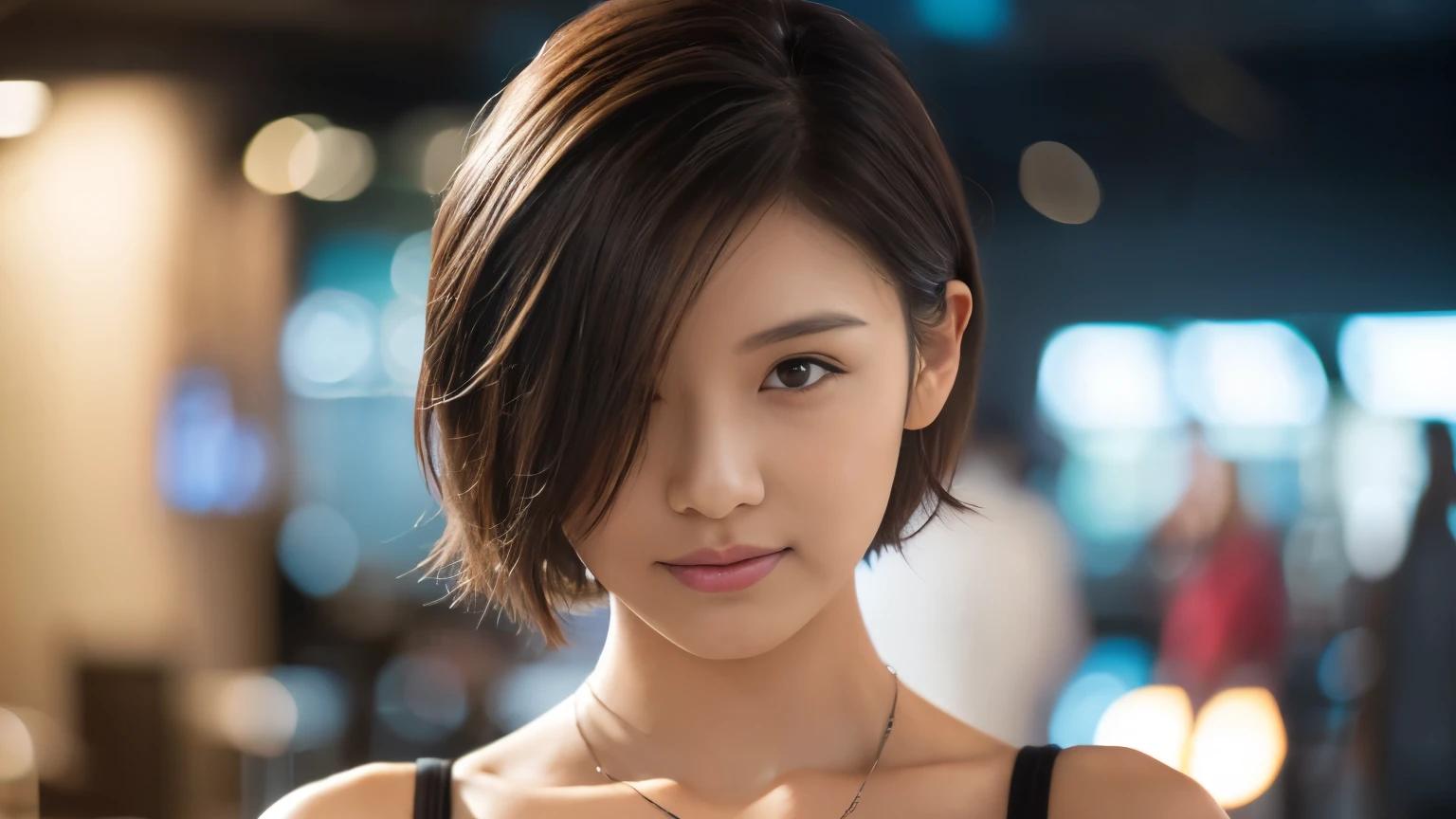 (highest quality、8K、32k、masterpiece、nffsw:1.2)、Photo taken at an airport cafe,　cute japanese women photos、very short bobbed hair、Upper body、surface focus、Extra Large_sweater、necklace、cafe background、Viewer search x4、(8K、Raw photo、highest quality、masterpiece:1.2)、(realistic、Photoreal:1.37)、1 girl、cute、professional lighting、photon mapping、Physically based rendering、gradient brunette hair、short curly hair、good looking、excellent image quality、High resolution、1080p、(cute face)、(Detailed facial description)、(Detailed Hand Explanation)、(Masseter muscle part)、(Detailed CG)、 extreme light and shadow、hair is dirty、masterpiece、Rich details、(exquisite features)、(best image quality)、(masterpiece)、(detailed eye)、delicate clavicle、various poses、Don&#39;Don&#39;Don&#39;don&#39;t look at the camera、profile、Photo taken at the airport cafe terrace、spring clothes、simple necklace、knit，Inside a stylish cafe at the airport