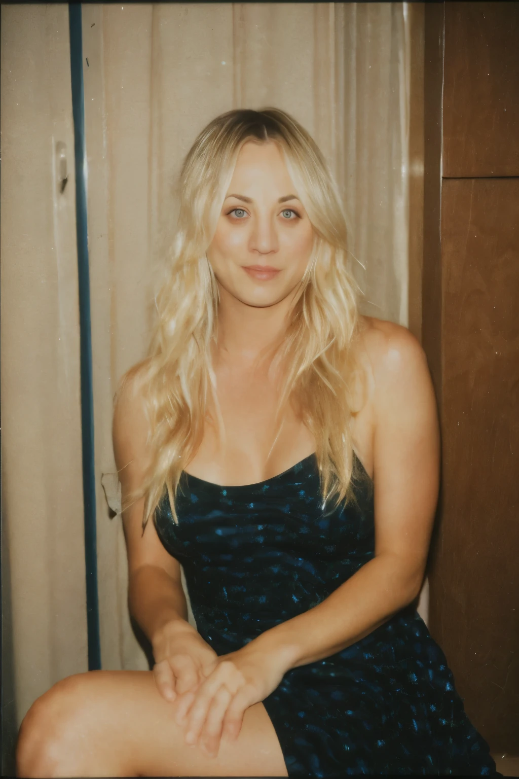 Kaley Cuoco, smirking seductively, beauty, beautiful girl, in dorm room,,polaroid 600 instant camera, voyeur shots, voyeur pictures, sitting on the balcony overlooking the city, ((cinematic photography)), wearing T-shirt dress, party girl,