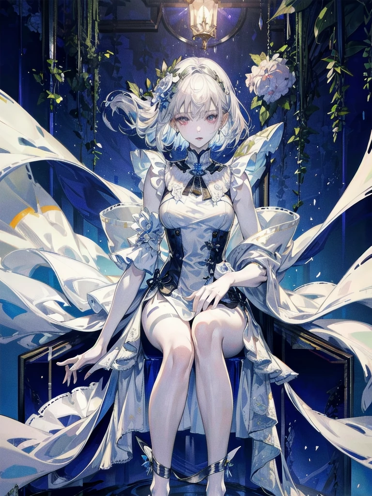 full body, silver cheongsam, absurdres, RAW photo, extremely delicate and beautiful, masterpiece, Best Quality, ultra high resolution, 32k, hyperrealistic, ultra-detailed, perfect figure, detailed description, pale skin, 20 years old, detailed beautiful face and eyes, tearful mole, earring, short medium hair, wavy hair,