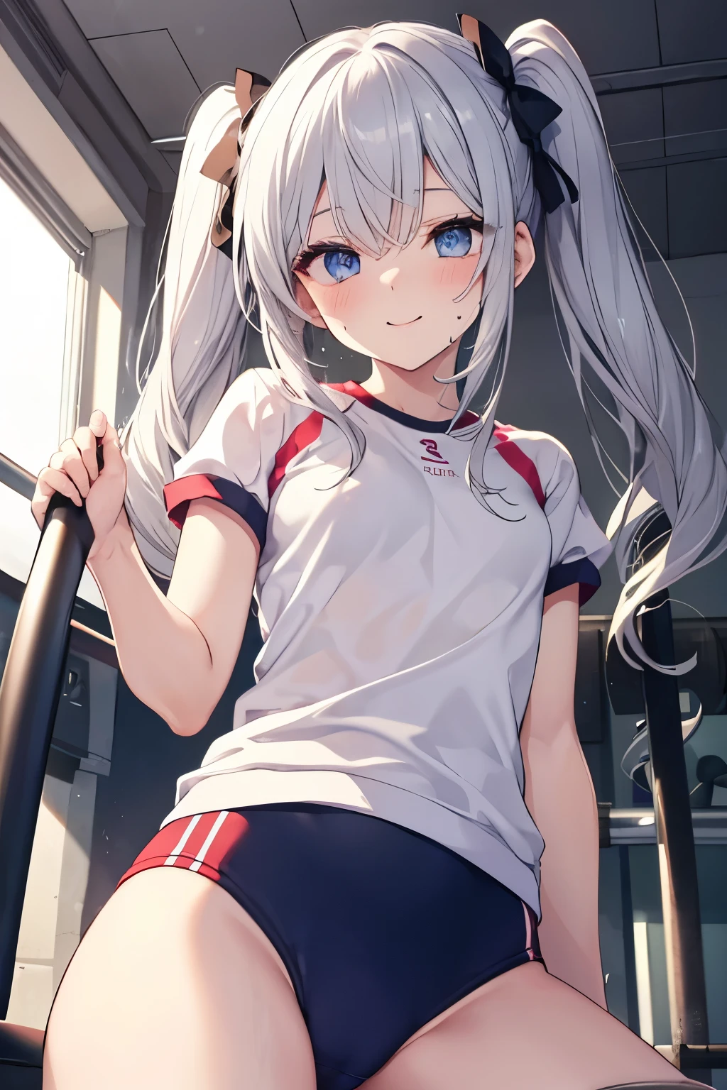 Silver Hair、blue eyes、girl、Small breasts、Twin tails、girl、Small breasts、Lolita、Bright smile、Looks about 15 years old、Petan Musume、He is short、Eye highlights、Sexy thighs、Wearing gym clothes、Sweating