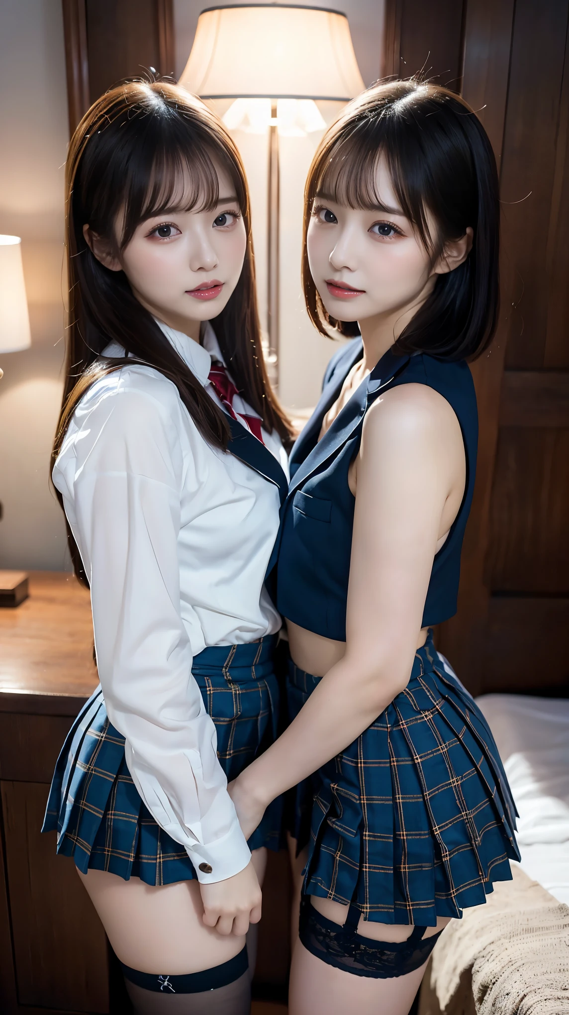 (8k, RAW Photos, highest quality, masterpiece:1.2), masterpiece, highest quality, shape, Very detailed, Fine details, High resolution, 8k,wallpaper, Perfect dynamic composition,(High quality with attention to detail, Realistic depiction of eyes:1.3), ((2 girls, Two high school girls)), The background is a room in a luxury hotel、 uniform、blazer 、Super Short Check Uniform Skirt、Navy blue knee-high socks、garter belt、Huge 、Disheveled uniform, Play with each other,Touching each other's bodies,Touching the body of the girl next door, Short Bob Hair, Black hair color, Hugeな胸, Big Natural Color Lip, Bold sexy pose, (Perfect shape), Crying a little、Cold Stare, Beautiful Makeup,Glitter makeup,The cutest 18 year old, Beautiful legs, Carving an idol pose, Voluptuous thighs, BREAK ceremony,((Random sexy poses、put in、Deep joy, Ecstatic eyes:1.2)), ((I gasp hard:1.2))、Ecstatic face、Climax expression, My whole body is convulsing, Skirt lifts