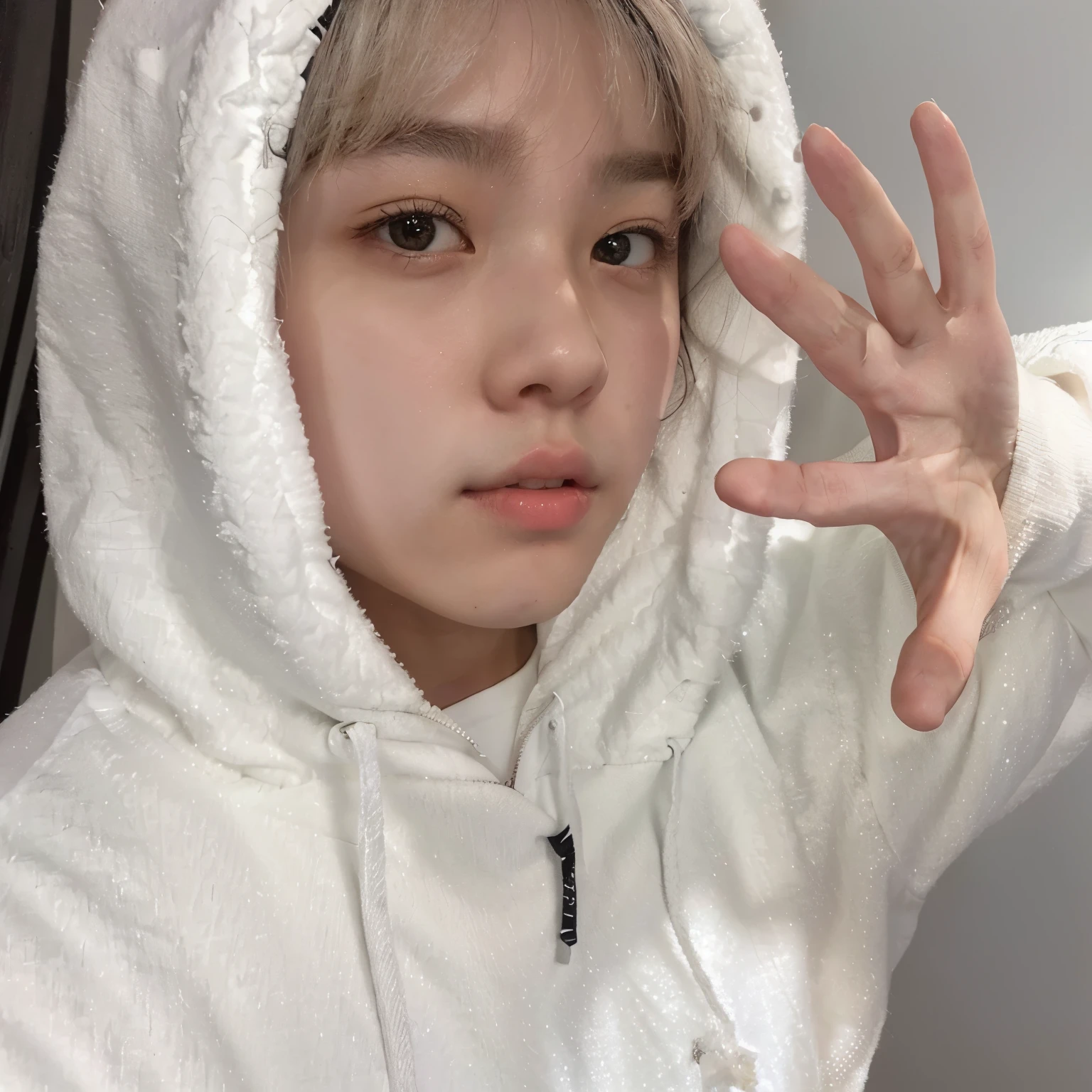 There is a boy in a white hoodie posing for a photo in a hoodie, pintar ulzzang,cabello rubio, pale korean adorable face, Seongmin, Ahm Seongmin from Cravity