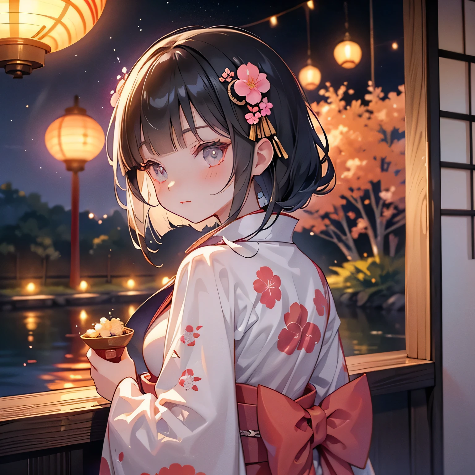 ((sexy cute mini kimono and elegant beautiful white laced panties)),
♥(Japanese beautiful flower printed kimono,yukata),((1girl,cute,young,semi long beautiful black hair,blunt bangs,twin tales,beautiful eyes)),(solo),((masterpiece, highest resolution,best quality)), (beautiful illustration),(Japanese beautiful flower printed kimono,yukata),(looking at the viewer), innocent smile,cinematic lighting,Japanese Festival,stall,fireworks,night sky,full moon,shooting star,