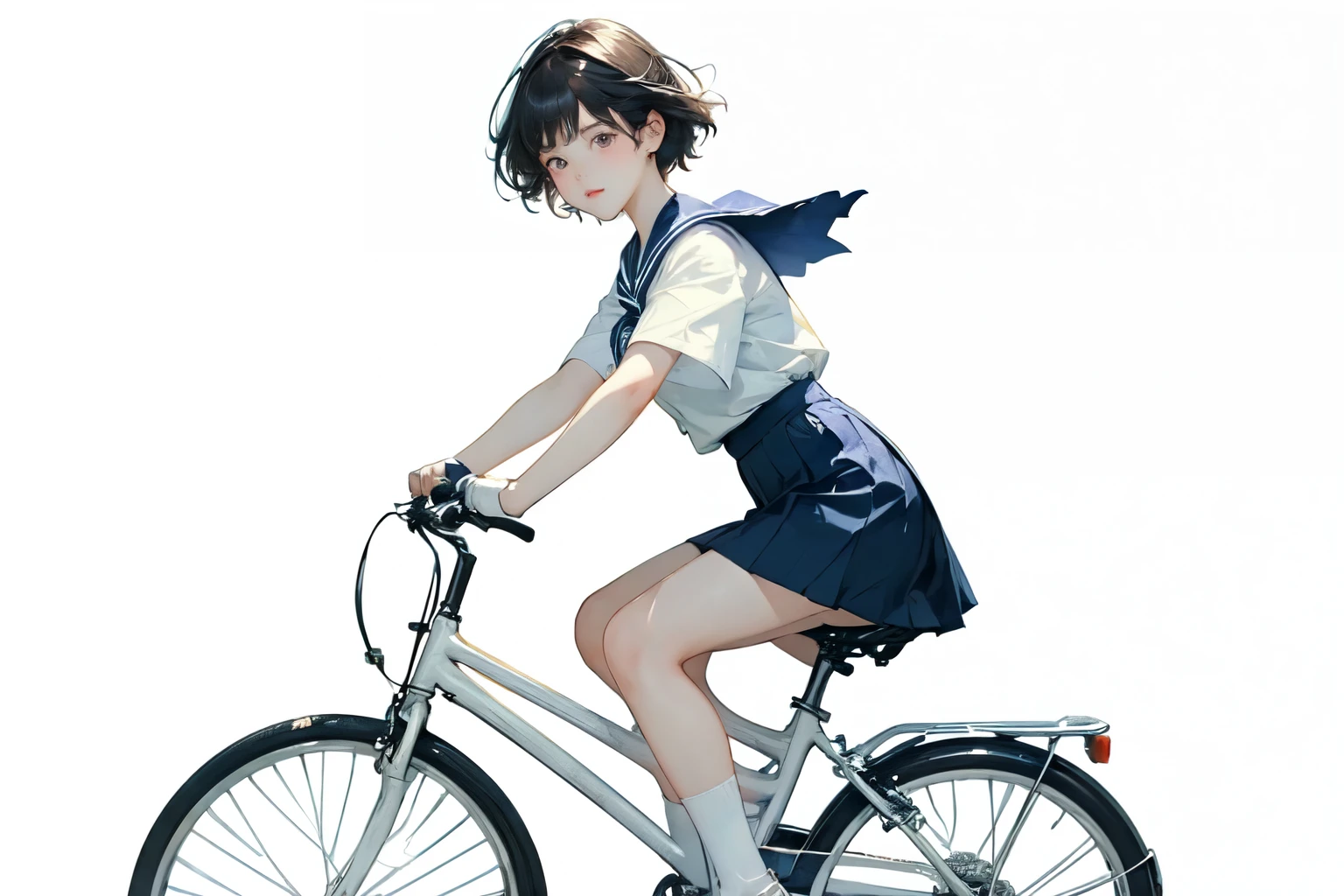 (highest quality、masterpiece)、(A  riding a bicycle、Mamachari、whole)、(Cute Face)、short hair、White Sailor Suit、Long skirt、Pleated skirt、shoes、(No background)、White Background、Blur the background、(Watercolor of singer Sargent)、Impressionist style painting、