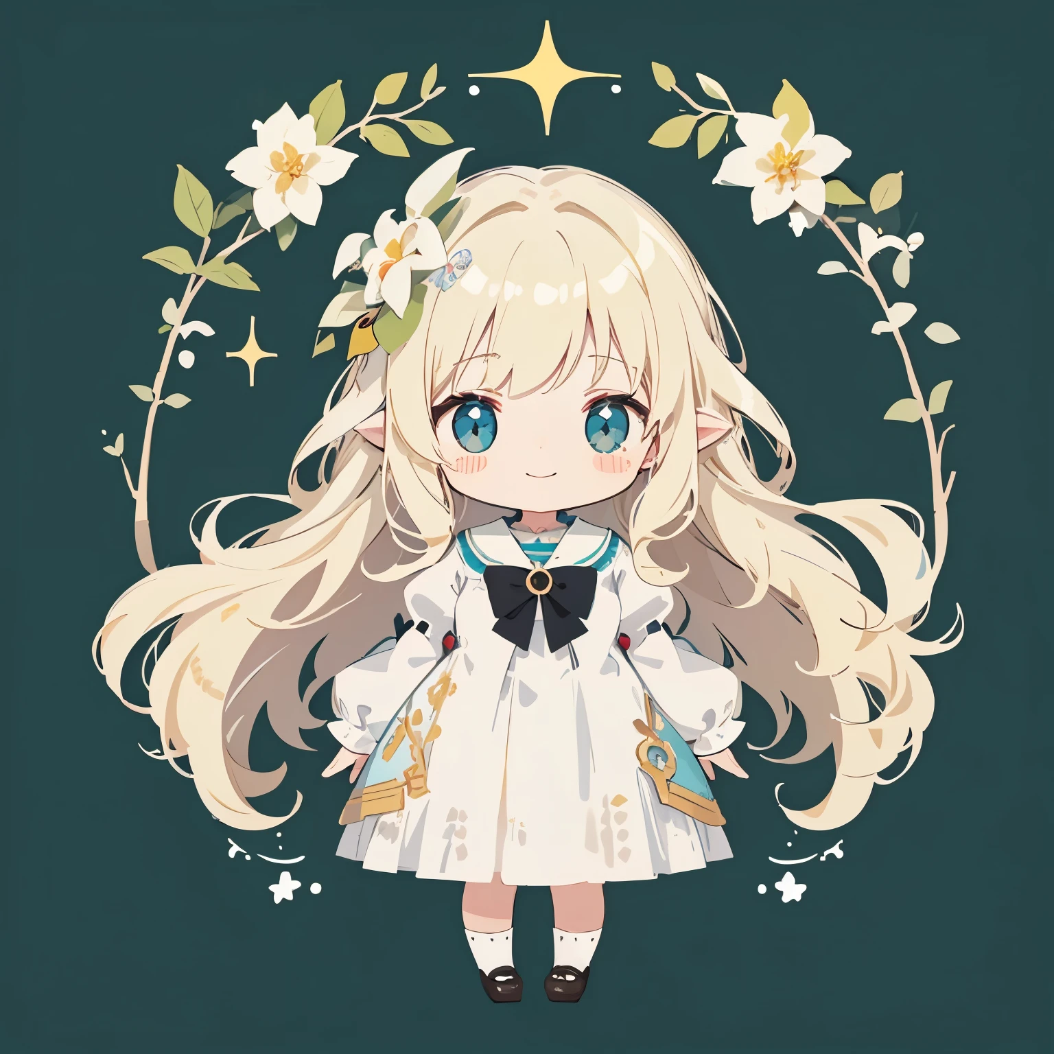 transparent watercolor、girl、jewel eyes、beautiful arrangements and motifs、Depth of written boundary、flat avatar, 1girl, smile, Very light yellow hair((wavy hair)), Cute white flower in hair、hair with white tips, Fashionable design clothes((Brown and white)),background white, Cute girl、Small flower hair ornament、transparent dress、fluffy dress、White frill shirt、Oversized sleeves、Sleeves longer than hands、Yellow transparent、beautiful girl、smile gently、transparent cloth、exposed、Sickly girl、cheerful girl、elegant、widening skirt、Puffy skirt、Full body illustration、jump、Fresh、be familiar with、fantasy、high quality、jewel eyes、Sparkling、pop art、line drawing、SD character、 life size、floating in the air、background white