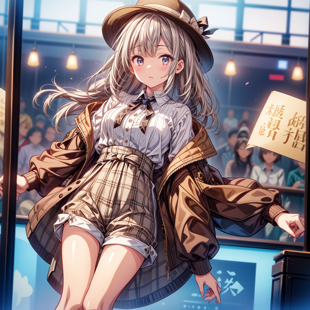 One girl、highest quality、VTuber - whole body、Milky white short hair、masterpiece、Official Art、The best configuration、Sherlock Holmes costumes、Brown and dark brown checked herringbone hat、A poncho with the same pattern as the hat、Brown spring coat、White shirt and shorts with the same pattern as the hat、magnifying glass、Detective、Pocket watch hanging around neck、Stand in front of the audience、Simple Background、