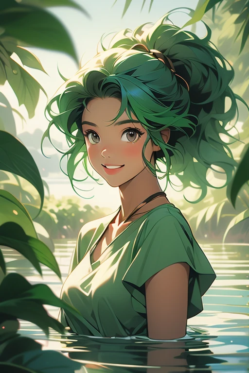 Amazon River,Green Hair,Wild ,fine,Brown skin,positive,smile,girl
