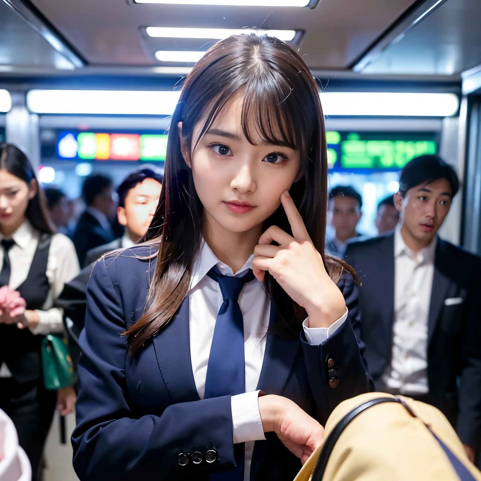 8k, RAW photos, ((Very cute slender À la Fed Asian schoolgirl in a short skirt and bow tie, hugged by a businessman in the back, on a crowded train)), (((Big: 1.1, Saggy breasts: 1.3)))), ((Wearing a white plummeted open shirt: 1.5)), (Low angle shot), (Very detailed skin: 1.2), (Exposure: 1.5), (Exposed breasts: 1.5), (Exposed crotch: 1.5), (Japan uniforms), (Wearing Japan uniforms), (Wearing Japan uniforms), (Surreal schoolgirls), (Dressed as schoolgirls, Surreal schoolgirls), Realistic schoolgirls, Girls in uniform, Schoolgirl poses, Full body, Lovely skin, Glowing skin, Lovely thighs, Glowing thighs, Glowing legs, (Beautiful little face, Beautiful brown eyes, beautiful girl with brown hair, white skin, huge soft breasts and beautiful abs, pubic hair), various poses, ultra-detailed face, detailed eyes, (((no close-up)), (((in a crowded train)).