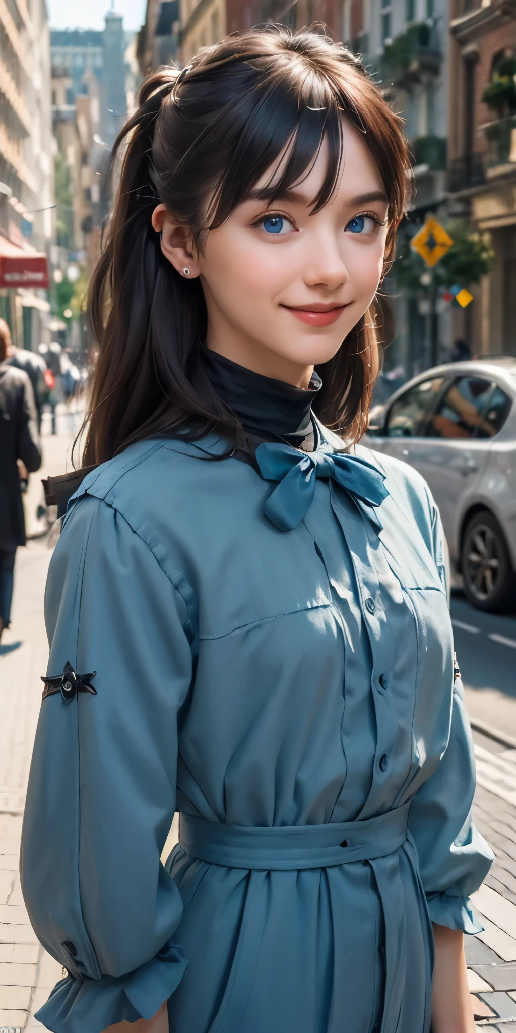 (masterpiece, best quality:1.5), full body the side and front of an goth punk european girl with brown hair,nice smile, sharp facial features, tunnels in the ears, earplugs, short hairstyle with a hairpin, a hairpin on the bangs,bright blue eyes color,bright shining white skin, sharp chin, face." 20years old on the street,(photorealistic), best quality, realistic, real picture, intricate details, depth of field, highly-detailed, perfect face, lips, Fujifilm XT3, RAW photo, 8k, crisp, sharp, sunny day