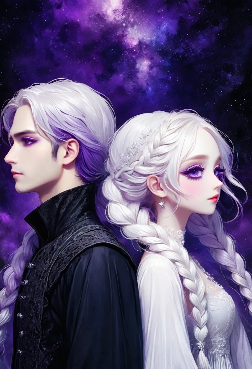 rough texture,Hand drawn style:A couple standing side by side,Fractal Art,yinji, purple hair, purple eyes, long hair, white hair, double braids, gradient hair, Gothic style clothing,see-through clothes,Lace ,Dark Fantasy,Dramatic lighting,cinematic composition, Theatrical atmosphere,Chiaroscuro,Gothic,Melancholy,mystery,Ethereal atmosphere,universe,Psychedelic,dream,fear,Milky Way, Night sky, Star,